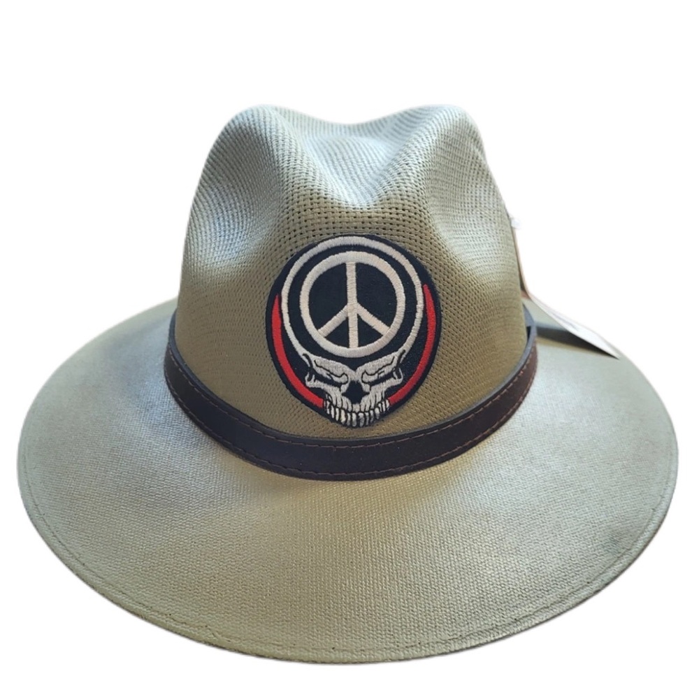 Panama Khaki Fedora with Peace Skull Patch
